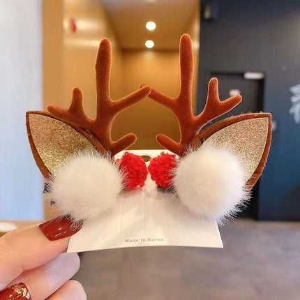 Adorable Holiday Antler Barrette, Red & White Pom Pom Brown Horn