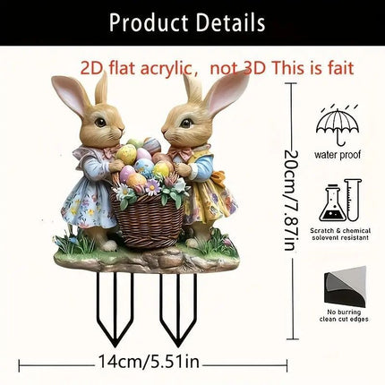 2D Flat Acrylic Bunny Garden Stake, Cute Basket Rabbit Pot Ornament