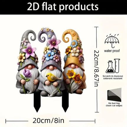 2D Acrylic Floral Gnome Plant Stake, Dwarf Figurine Pot Insert