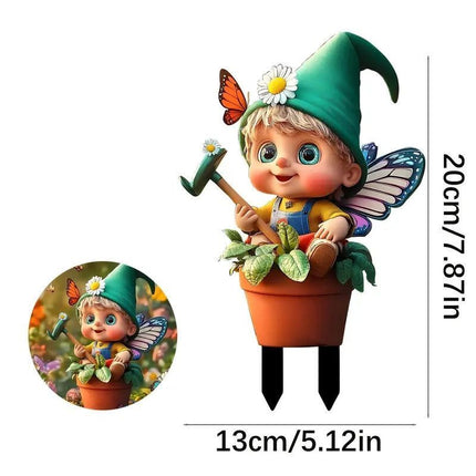 Lovely 2D Flat Acrylic Winged Elf Plant Stake, Potted Fairy Figurine