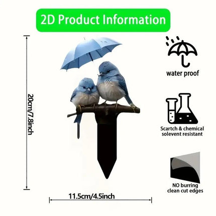 2D Flat Acrylic Two Birds with Umbrella Plant Stake