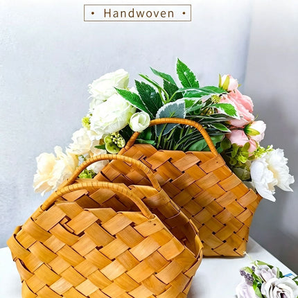 Handwoven Wooden Chip Handheld Decorative Basket, Baking Pastry Container, Living Room Floral Display Decor, Suitable for Christmas Halloween Party Layout, Large Size
