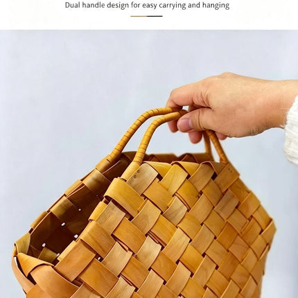 Handwoven Wooden Chip Handheld Decorative Basket, Baking Pastry Container, Living Room Floral Display Decor, Suitable for Christmas Halloween Party Layout, Large Size