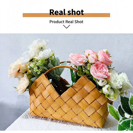 Handwoven Wooden Chip Handheld Decorative Basket, Baking Pastry Container, Living Room Floral Display Decor, Suitable for Christmas Halloween Party Layout, Large Size