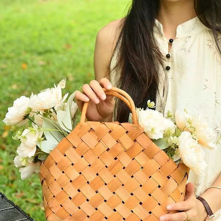 Handwoven Wooden Chip Handheld Decorative Basket, Baking Pastry Container, Living Room Floral Display Decor, Suitable for Christmas Halloween Party Layout, Large Size
