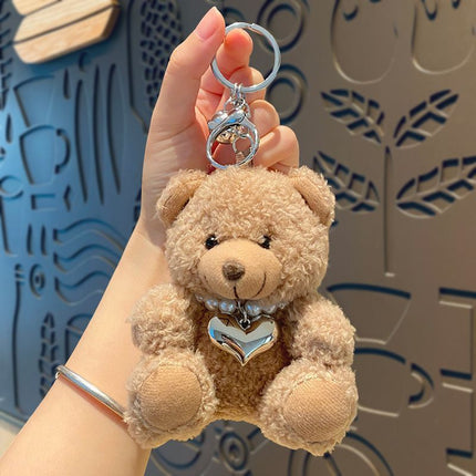 Brown Plush Bear Bag Charm with Pearl Heart Detail, Soft Plush Pendant