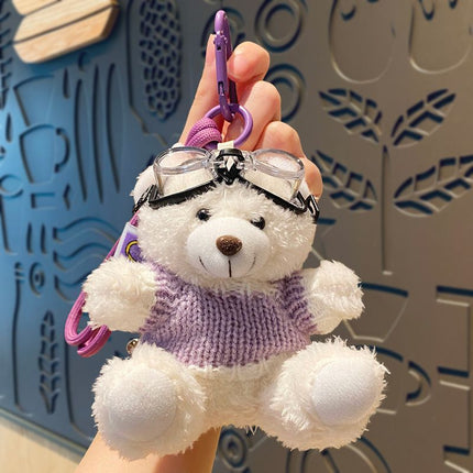 White‑purple Outfit Plush Bear Pendant, Cute Cartoon Bag Accessory