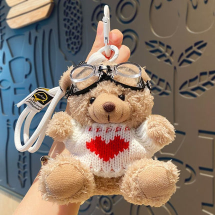 Plush Bear Keychain Wearing White Outfit with Red Heart