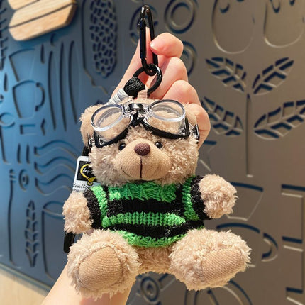 Black‑green Outfit Plush Bear Keychain, Cute Stuffed Bag Pendant