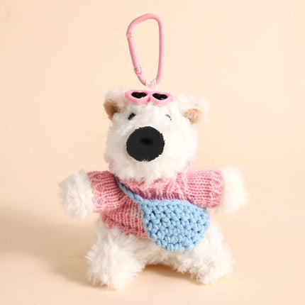 West Highland Dog Plush Bag Charm Wearing Pink Outfit with Blue