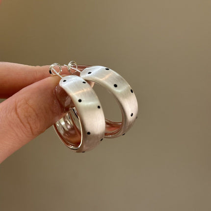 1 Pair Silver Brushed Black Polka Dot Hoop Earrings