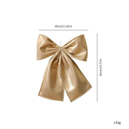 Shiny Metallic Thread Christmas Bow Ornament, Plush Hanging Decoration For Tree Top & Scene Decor, Gold Metallic Thread 35cm