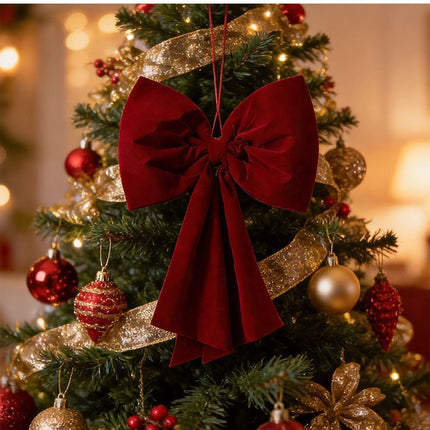 Shiny Metallic Thread Christmas Bow Ornament, Plush Hanging Decoration For Tree Top & Scene Decor, Gold Metallic Thread 35cm
