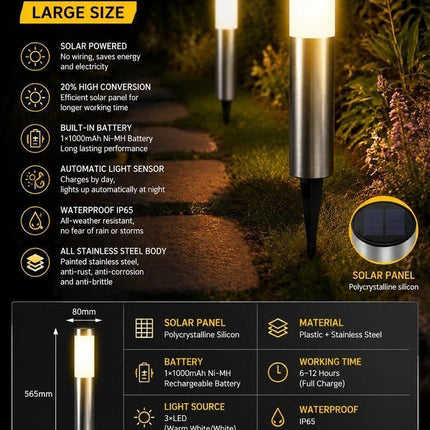 Small Silver Warm White Solar LED Stainless Steel Yard Light