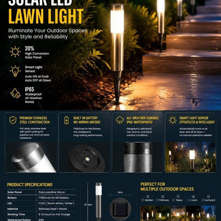 Small Silver Warm White Solar LED Stainless Steel Yard Light