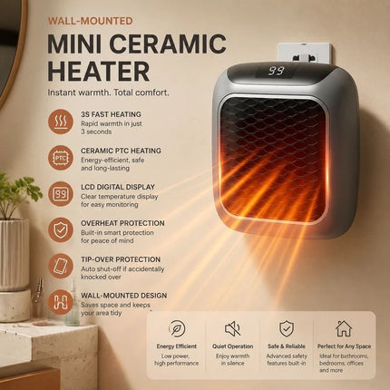 Wall Mount Mini Fan Heater Timer Portable Electric Heater Home Office