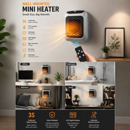 Wall Mount Mini Heater with Remote Timer Portable Electric Warmer