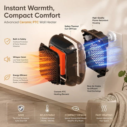 Wall Mount Mini Heater with Remote Timer Portable Electric Warmer