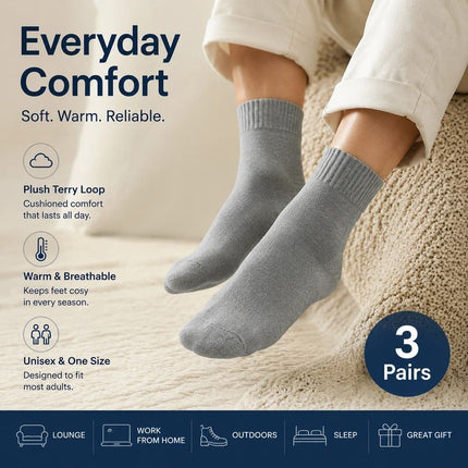 Light Grey Wool Lined Thermal Socks Unisex Thick Terry Winter Socks 3 Pairs