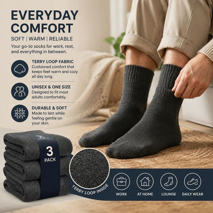 Dark Grey Wool Lined Thermal Socks Unisex Thick Terry Winter Socks 3 Pairs