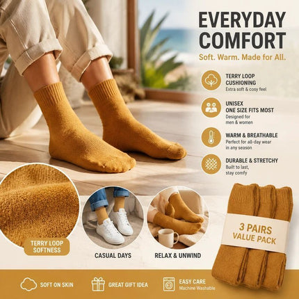 Mustard Wool Lined Thermal Socks Unisex Thick Terry Winter Socks 3 Pairs