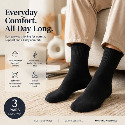 Black Wool Lined Thermal Socks Unisex Thick Terry Winter Socks 3 Pairs