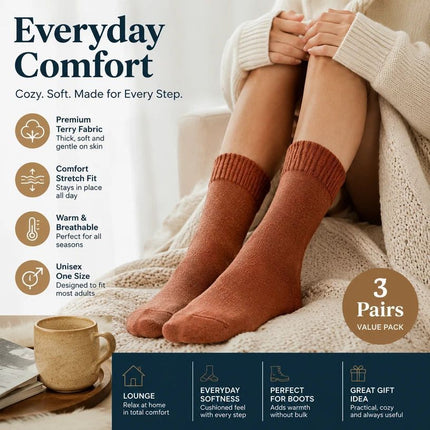 Brick Red Wool Lined Thermal Socks Unisex Thick Terry Winter Socks 3 Pairs