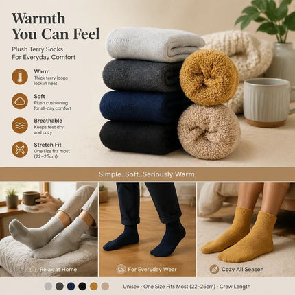 Brick Red Wool Lined Thermal Socks Unisex Thick Terry Winter Socks 3 Pairs