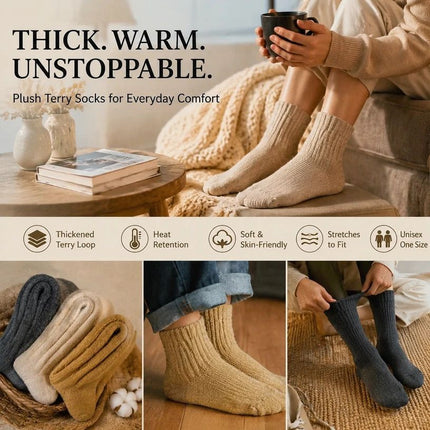 Brick Red Wool Lined Thermal Socks Unisex Thick Terry Winter Socks 3 Pairs