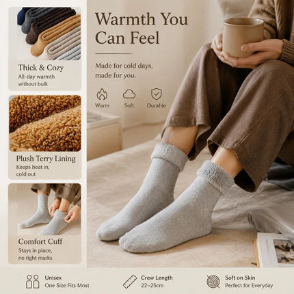 Brick Red Wool Lined Thermal Socks Unisex Thick Terry Winter Socks 3 Pairs