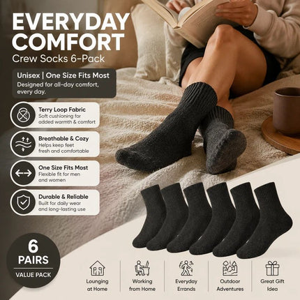 Dark Grey Warm Fleece Terry Wool Socks Adult Unisex Loose Top Winter Socks 6 Pairs