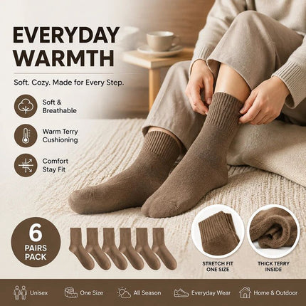 Light Coffee Warm Fleece Terry Wool Socks Adult Unisex Loose Top Winter Socks 6 Pairs