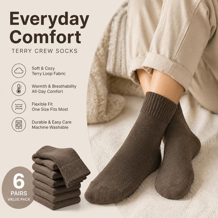 Dark Coffee Warm Fleece Terry Wool Socks Adult Unisex Loose Top Winter Socks 6 Pairs