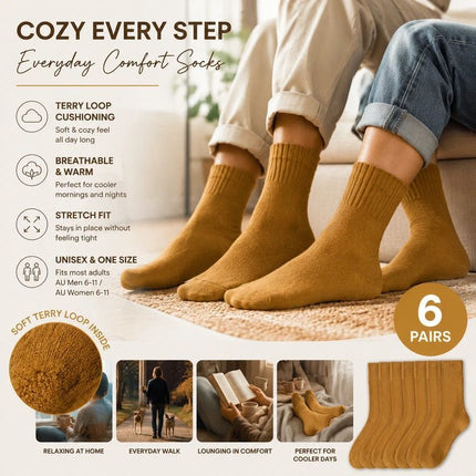 Mustard Warm Fleece Terry Wool Socks Adult Unisex Loose Top Winter Socks 6 Pairs