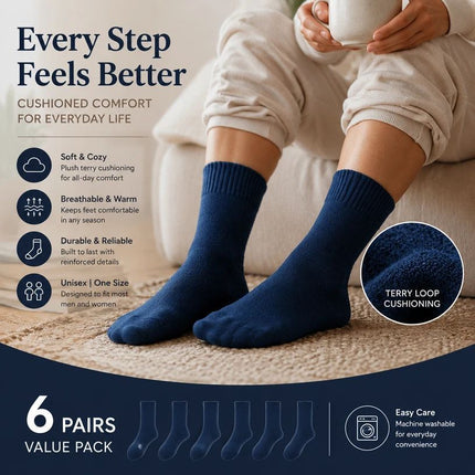 Navy Warm Fleece Terry Wool Socks Adult Unisex Loose Top Winter Socks 6 Pairs