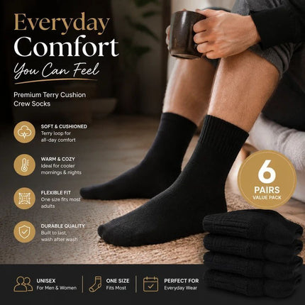 Black Warm Fleece Terry Wool Socks Adult Unisex Loose Top Winter Socks 6 Pairs