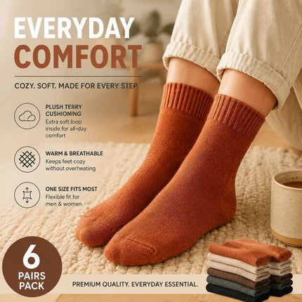 Brick Red Warm Fleece Terry Wool Socks Adult Unisex Loose Top Winter Socks 6 Pairs