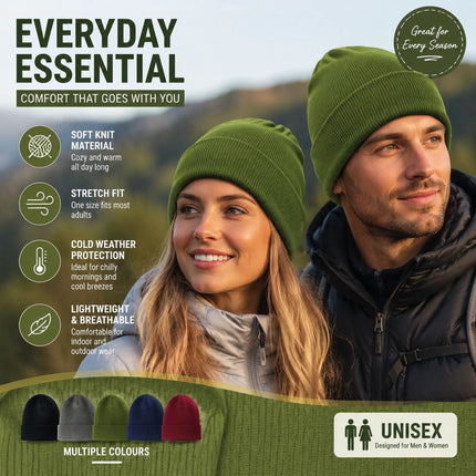 Green Thick Knit Beanie Windproof Simple Winter Headwear 1Pc