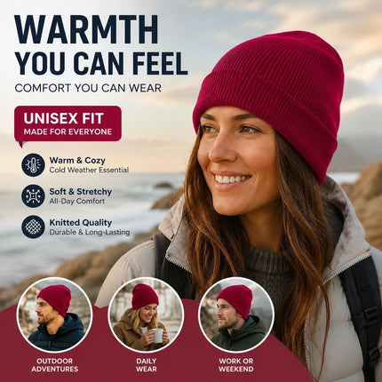 Wine Red Knitted Winter Hat Vintage Plain Soft Beanie 1Pc