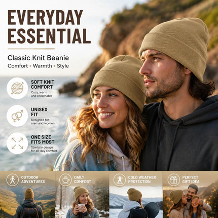 Khaki Basic Knit Beanie Skin Friendly Solid Color Hat 1Pc