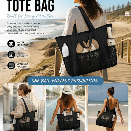 Solid Black Multi-purpose Waterproof Tote Large Beach Handbag