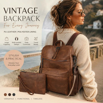 Two-Tone Brown Grain Ladies Vintage Backpack Set Large Travel Shoulder