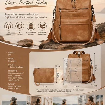 Two-Tone Brown Grain Ladies Vintage Backpack Set Large Travel Shoulder