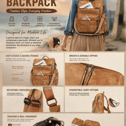 Yellow Apricot Textured Ladies Backpack Set Vintage Large Capacity Shoulder Pack