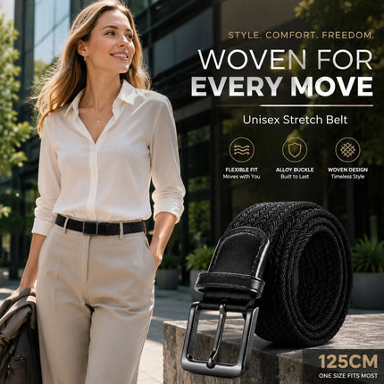 Black 125cm Woven Canvas Belt Elastic Stretch Unisex Fashion Golf Trouser Belt