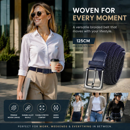 Navy Blue 125cm Canvas Waist Belt Elastic Woven Stretch Fashion Golf