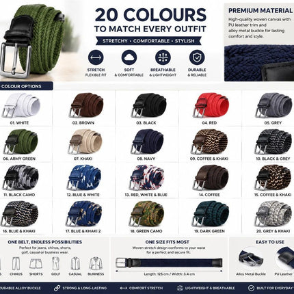 Double Blue White Block Stretch Canvas Belt 125cm Woven Elastic Golf Strap
