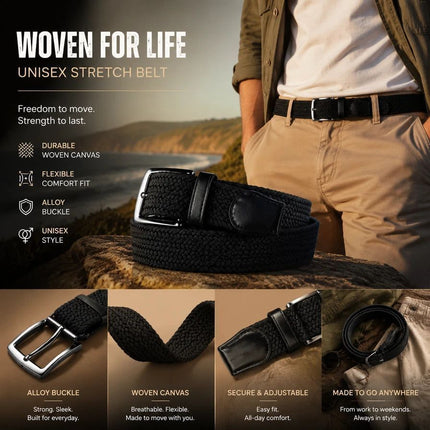 Blue Khaki Mixed Woven Stretch Belt 125cm Elastic Canvas Unisex Golf Strap