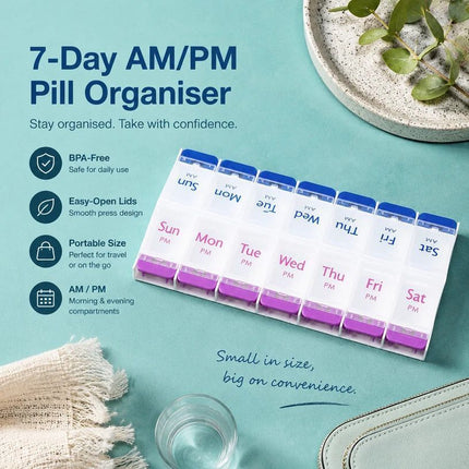 Double Row 14 Compartment Weekly Pill Container Portable Press Medicine Box 4Pcs