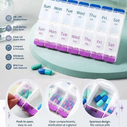 Double Row 14 Compartment Weekly Pill Container Portable Press Medicine Box 4Pcs